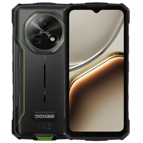 Smartfon z widocznym ekranem i tylną obudową, na której znajduje się okrągły moduł aparatu z trzema obiektywami oraz logo "DOOGEE". Obudowa ma czarne i zielone akcenty, a ekran wyświetla abstrakcyjny wzór w odcieniach beżu i brązu.