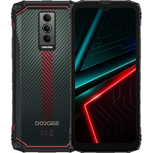 Smartfon z widocznym ekranem i tylną obudową o wzorze przypominającym włókno węglowe z czerwonymi akcentami. Na obudowie znajduje się logo "DOOGEE" oraz oznaczenia CE i przekreślony kosz.