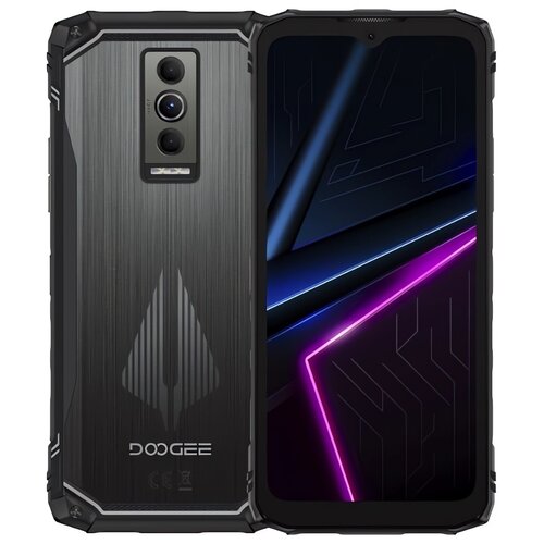 Na zdjęciu widoczny jest smartfon z ciemnym, nowoczesnym designem, posiadający podwójny aparat z tyłu oraz ekran z neonowymi liniami. Na obudowie znajduje się logo "DOOGEE".