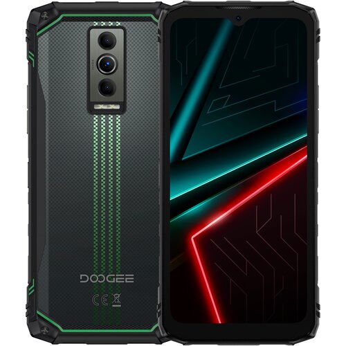 Na zdjęciu widoczny jest smartfon z przodu i z tyłu, z ekranem wyświetlającym abstrakcyjne wzory w kolorach zielonym, niebieskim i czerwonym. Na tylnej obudowie znajduje się pionowy moduł z trzema aparatami oraz logo "DOOGEE" i oznaczenia CE.