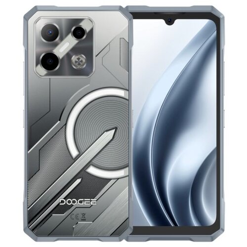 Smartfon DOOGEE Blade GT Play 5G 8/256GB 6.72" 120Hz w kolorze srebrnym, z widocznym logo "DOOGEE" na tylnej obudowie, która ma futurystyczny wzór z okręgami i liniami. Przód urządzenia pokazuje ekran z zakrzywionym wzorem graficznym.