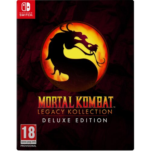 Okładka gry "Mortal Kombat: Legacy Kollection Deluxe Edition" na Nintendo Switch z widocznym logo smoka na tle ciemnych skał. Na dole znajduje się oznaczenie wiekowe "18 PROVISIONAL" oraz logo PEGI.