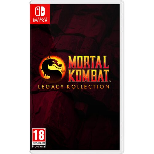 Okładka gry "Mortal Kombat: Legacy Kollection" na Nintendo Switch z widocznym logo gry przedstawiającym czarny smok na żółtym tle. Na dole znajduje się oznaczenie wiekowe "18" oraz napis "Provisional".