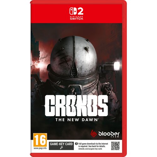 Okładka gry "Cronos The New Dawn" na konsolę Nintendo Switch, przedstawia postać w hełmie astronauty na tle ciemnego, dymiącego krajobrazu. Widoczne są logotypy Nintendo Switch, Bloober Team oraz oznaczenie wiekowe 16+ z informacją o karcie klucza do gry.