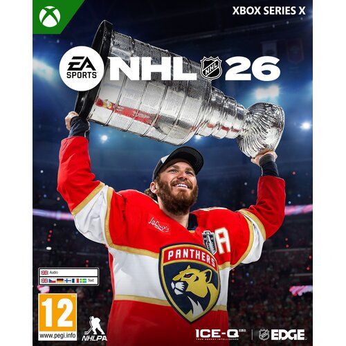 Okładka gry "EA SPORTS NHL 26" na konsolę XBOX SERIES X przedstawia hokeistę w czerwonym stroju z napisem "PANTHERS", trzymającego puchar nad głową. Widoczne są loga EA SPORTS, NHLPA, ICE-Q oraz oznaczenie wiekowe 12+ z informacją o dostępności audio i te