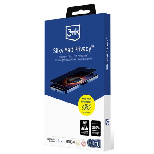 Niebieskie opakowanie produktu z logo "3mk" na górze, zawierające napis "Silky Matt Privacy™" oraz ilustrację telefonu z nałożoną folią ochronną. Na opakowaniu znajdują się również informacje o kącie prywatności 30° i wzmocnieniu wytrzymałości o 250%, a t