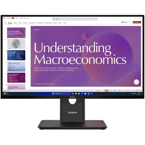 Monitor wyświetla prezentację zatytułowaną "Understanding Macroeconomics" z podtytułem dotyczącym badania gospodarki, skupiającym się na dochodzie narodowym, produkcji, zatrudnieniu, inflacji i politykach ekonomicznych. Na ekranie widoczne są także miniat