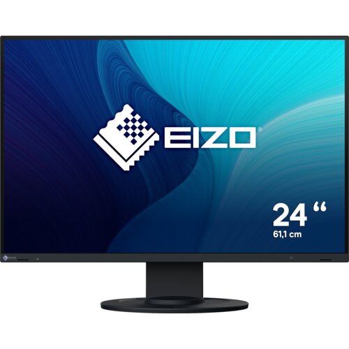 Monitor z widocznym logo "EIZO" na ekranie, z tłem w odcieniach niebieskiego i białym napisem "24" 61,1 cm".