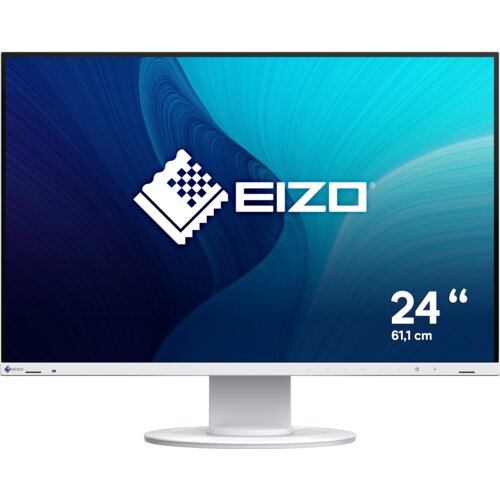 Monitor z białą ramką i podstawą, na ekranie widoczne jest logo "EIZO" oraz napis "24" 61,1 cm" na tle gradientu w odcieniach niebieskiego. Na dolnej ramce znajduje się małe logo "EIZO".