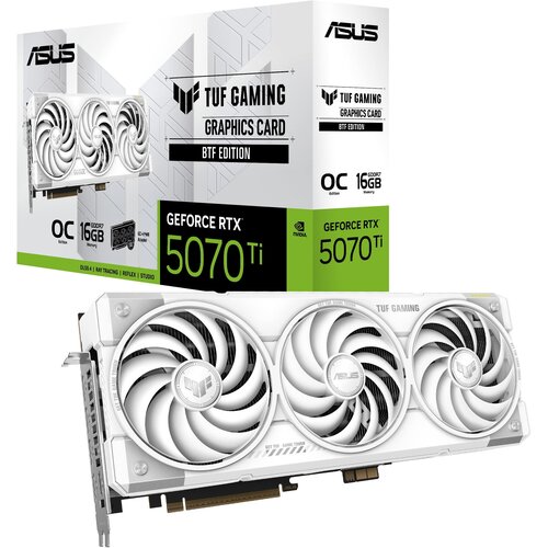 Na zdjęciu znajduje się biała karta graficzna z trzema wentylatorami oraz opakowanie z napisem "ASUS TUF Gaming Graphics Card BTF Edition". Na opakowaniu widnieją również napisy "OC Edition", "16GB GDDR7 Memory", "GeForce RTX 5070 Ti", a także logo NVIDIA