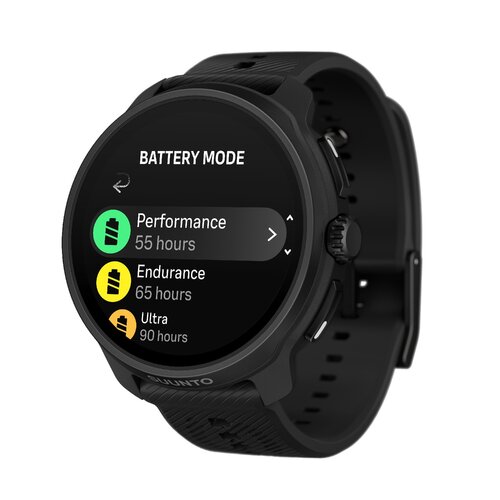 Czarny smartwatch z wyświetlaczem pokazującym tryby baterii: "Performance 55 hours", "Endurance 65 hours", "Ultra 90 hours". Na obudowie widoczne jest logo "SUUNTO".