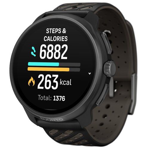 Czarny smartwatch z okrągłym wyświetlaczem pokazuje dane: "STEPS & CALORIES", "6882", "263 kcal", "Total: 1376". Na obudowie widoczne jest logo "SUUNTO".