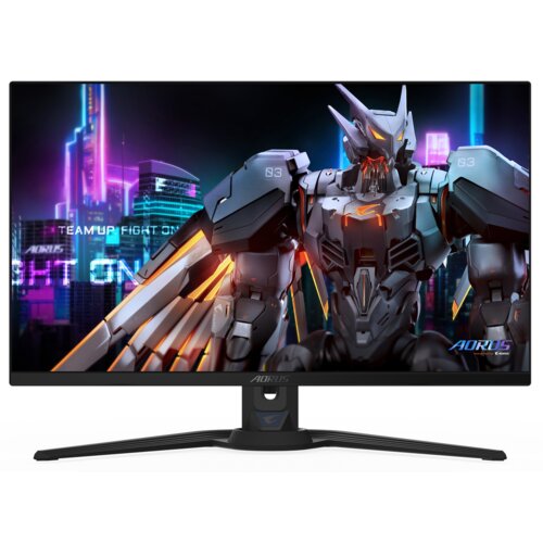Monitor wyświetla obraz futurystycznego robota na tle neonowego miasta z widocznymi napisami: "TEAM UP FIGHT ON" oraz "AORUS". Na dolnej ramce monitora znajduje się logo "AORUS".
