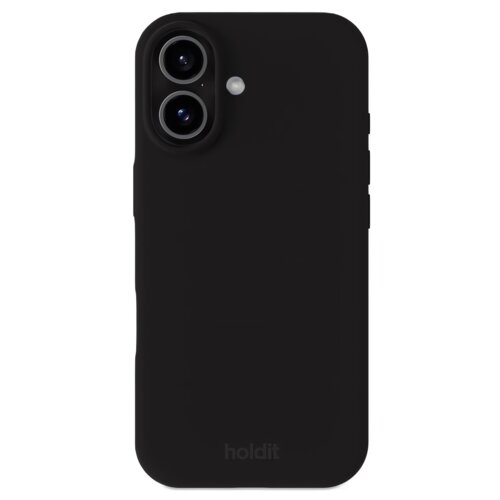 Czarne etui silikonowe z dwoma otworami na aparat i lampą błyskową, z widocznym napisem "holdit" na dole. Produkt jest przeznaczony do telefonu Apple iPhone 17.