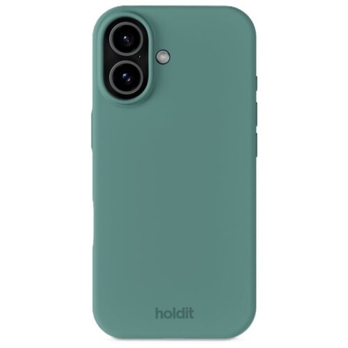 Zielone etui silikonowe z wycięciami na dwa obiektywy aparatu i lampę błyskową, z widocznym napisem "holdit" na dole.