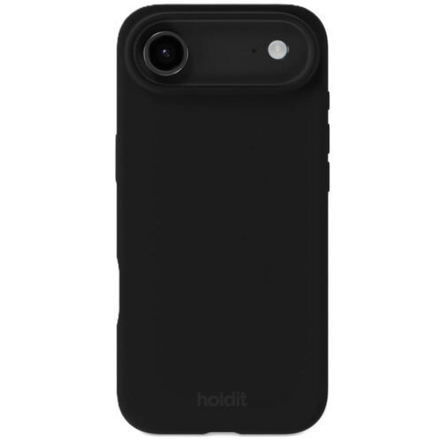 Czarne silikonowe etui na telefon z widocznym wycięciem na aparat i lampę błyskową. Na dole etui znajduje się napis "holdit".