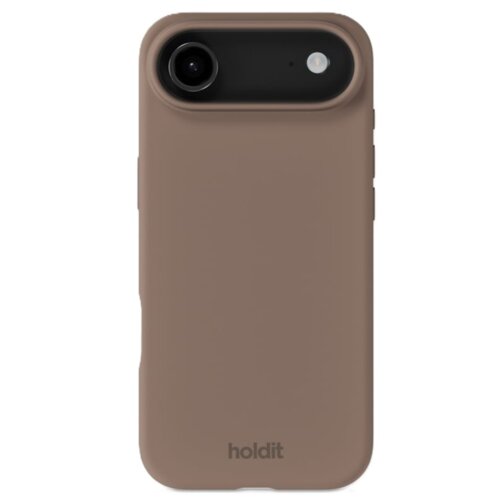 Jasnobrązowe etui silikonowe z wycięciem na aparat i lampę błyskową, z widocznym logo "holdit" na dole. Produkt jest przeznaczony do telefonu Apple iPhone.