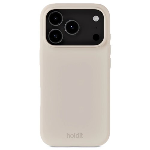 Beżowe etui silikonowe z trzema otworami na aparaty i jednym na lampę błyskową, z widocznym logo "holdit" na dole.