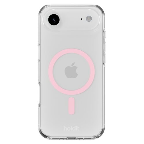 Przezroczyste etui na telefon z różowym okręgiem MagSafe, widoczne logo w kształcie jabłka oraz napis "holdit" na dole. Etui jest dopasowane do telefonu z jednym dużym obiektywem aparatu i mniejszym otworem na lampę błyskową.