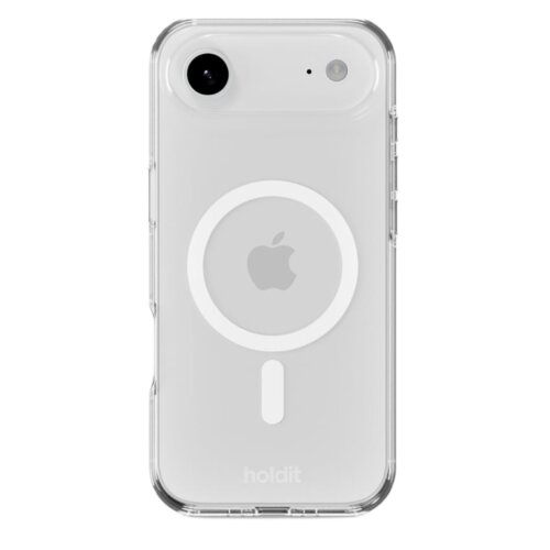 Przezroczyste etui na telefon z widocznym logo Apple i oznaczeniem MagSafe, na dole napis "holdit". Etui jest dopasowane do kształtu telefonu z wycięciami na aparat i lampę błyskową.