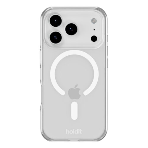 Przezroczyste etui na telefon z trzema dużymi otworami na aparaty oraz mniejszymi na inne elementy, z widocznym białym symbolem MagSafe i logo jabłka. Na dole etui znajduje się napis "holdit".