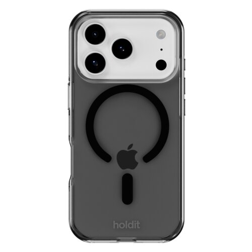 Przezroczyste etui na telefon z czarnym wzorem w kształcie okręgu i pionowej linii, z widocznym logo w kształcie jabłka. Na dole etui znajduje się napis "holdit".