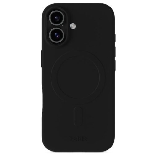 Czarne etui na telefon z dwoma otworami na aparat i okrągłym wzorem na środku, z widocznym napisem "holdit" u dołu.