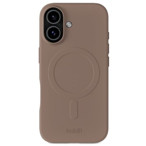 Jasnobrązowe etui na telefon z dwoma wycięciami na aparaty, okrągłym wzorem na środku oraz napisem "holdit" u dołu. Etui jest kompatybilne z technologią MagSafe.