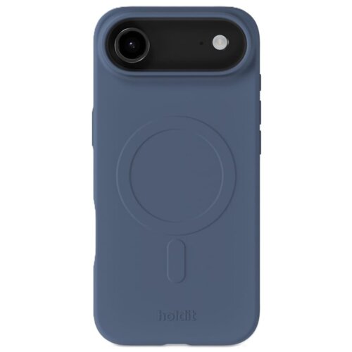 Niebieskie etui na telefon z okrągłym wzorem na środku i wycięciem na aparat w górnej części. Na dole widoczny jest napis "holdit".