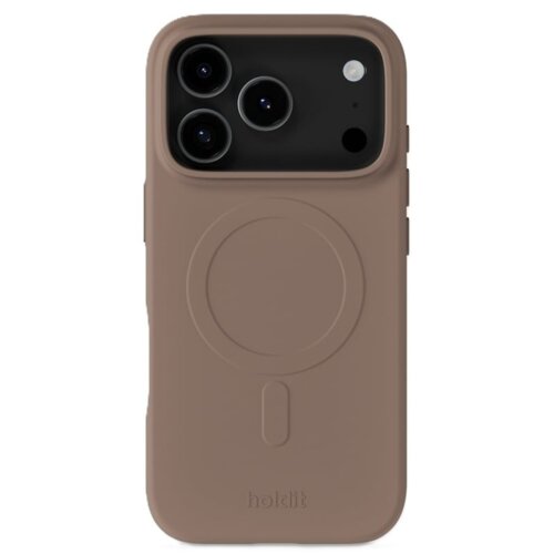 Jasnobrązowe etui na telefon z trzema widocznymi otworami na aparaty oraz okrągłym wzorem na środku, z napisem "holdit" u dołu. W górnym rogu znajduje się otwór na lampę błyskową i dodatkowy mały otwór.