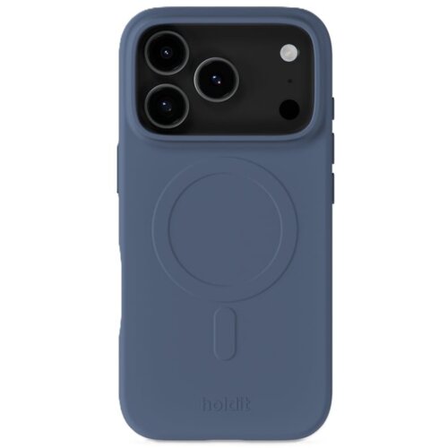 Niebieskie etui na telefon z trzema otworami na aparaty i jednym na lampę błyskową, z widocznym logo "holdit" na dole. Na środku etui znajduje się okrągły wzór sugerujący kompatybilność z MagSafe.