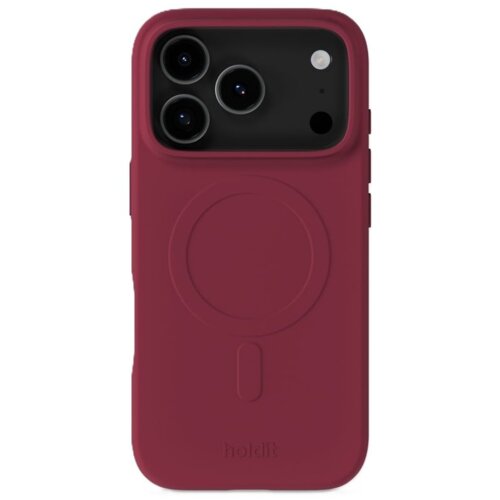 Czerwone etui na telefon z trzema wycięciami na aparaty oraz okrągłym wzorem na środku, z widocznym napisem "holdit" na dole. Produkt jest przeznaczony do Apple iPhone 17 Pro Max i posiada funkcję MagSafe.