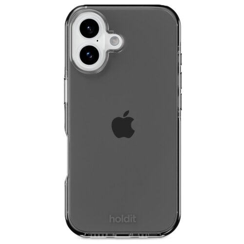 Przezroczysto-czarny futerał na telefon z widocznym logo jabłka pośrodku oraz napisem "holdit" u dołu. Etui ma wycięcia na aparat i przyciski.
