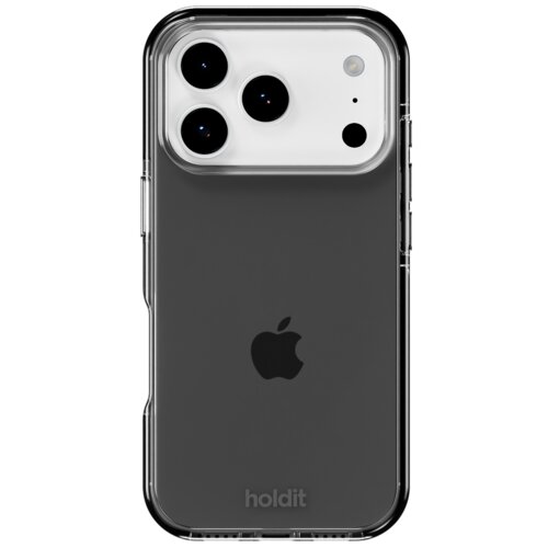 Przezroczysto-czarne etui na telefon z trzema dużymi otworami na aparaty oraz mniejszym na lampę błyskową, z widocznym logo w kształcie nadgryzionego jabłka. Na dole etui znajduje się napis "holdit".
