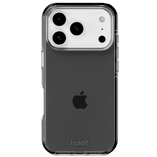 Przezroczysto-czarne etui na telefon z trzema dużymi otworami na aparaty oraz mniejszymi na lampę i mikrofon, z widocznym logo w kształcie jabłka oraz napisem "holdit" na dole. Produkt jest przeznaczony do modelu Apple iPhone 17 Pro Max.