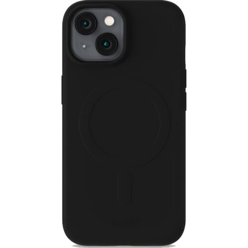 Czarne etui na telefon z dwoma wycięciami na aparaty i okrągłym wzorem na środku, z widocznym napisem "holdit" u dołu. Produkt jest przeznaczony do modeli Apple iPhone 13/14/15 i obsługuje technologię MagSafe.