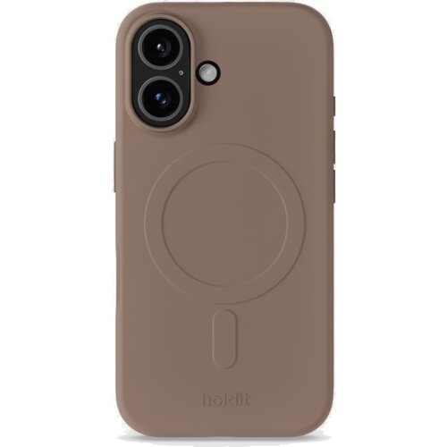 Jasnobrązowe etui na telefon z dwoma wycięciami na aparat i okrągłym wzorem na środku, z napisem "holdit" u dołu. Etui jest przeznaczone do urządzeń z funkcją MagSafe.