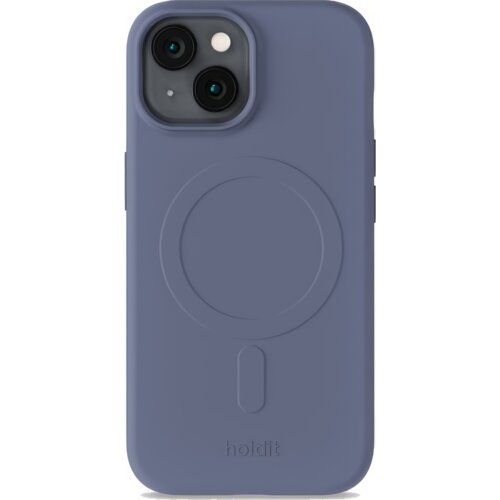 Niebieskie etui na telefon z dwoma wycięciami na aparaty i okrągłym wzorem na środku, z widocznym napisem "holdit" na dole. Produkt jest przeznaczony do modeli Apple iPhone 13/14/15 i obsługuje technologię MagSafe.