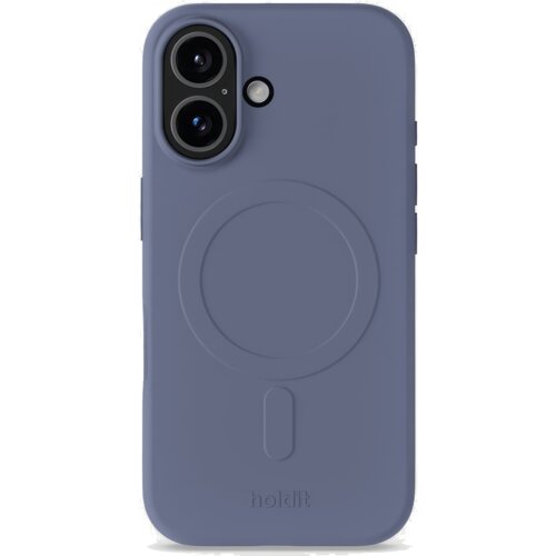 Niebieskie etui na telefon z widocznym okrągłym wzorem MagSafe i wycięciami na aparat oraz lampę błyskową. Na dole etui znajduje się wytłoczony napis "holdit".