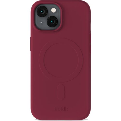 Czerwone etui na telefon z dwoma wycięciami na aparaty oraz okrągłym wzorem na środku, z widocznym napisem "holdit" na dole. Produkt jest przeznaczony do modeli Apple iPhone 13/14/15 i obsługuje technologię MagSafe.