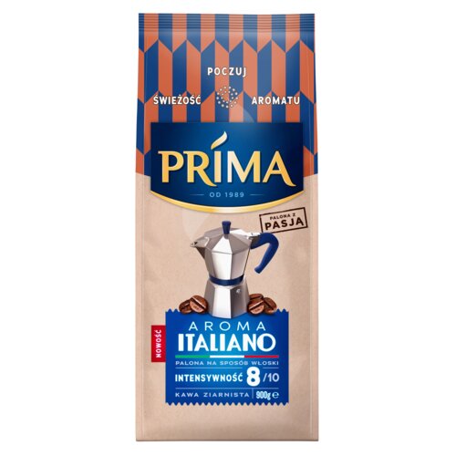 Opakowanie kawy ziarnistej z napisem "PRIMA OD 1989" oraz grafiką kawiarki otoczonej ziarnami kawy. Na dole widnieje napis "AROMA ITALIANO", "PALONA NA SPOSÓB WŁOSKI", "INTENSYWNOŚĆ 8/10", "KAWA ZIARNISTA 900g", a także oznaczenie "NOWOŚĆ".