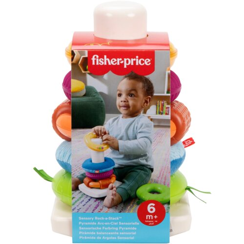 Opakowanie zabawki edukacyjnej przedstawia kolorową piramidkę sensoryczną z kółek, z widocznym logo "fisher-price" na górze. Na opakowaniu znajduje się zdjęcie dziecka bawiącego się zabawką oraz napis "6 m+", a poniżej tekst: "Sensory Rock-a-Stack™" i jeg