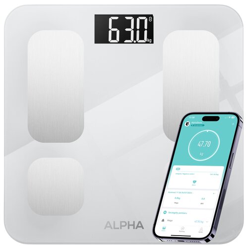Biała waga łazienkowa z wyświetlaczem pokazującym 63,0 kg oraz napisem "ALPHA" na dole. Obok wagi znajduje się smartfon z aplikacją pokazującą wagę 47,70 kg.