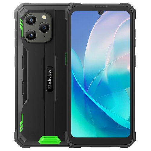 Smartfon Blackview BV5300 Plus 8/128GB w kolorze zielonym, z widocznym logo Blackview na obudowie, posiada ekran o przekątnej 6.1 cala oraz potrójny aparat fotograficzny. Obudowa ma wyraźne zielone akcenty i solidny, ochronny design.