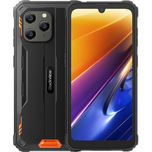 Na zdjęciu widoczny jest smartfon z wyświetlaczem o gradientowych kolorach od pomarańczowego do niebieskiego oraz czarną obudową z pomarańczowymi akcentami. Na obudowie znajduje się napis "Blackview" oraz trzy obiektywy aparatu.
