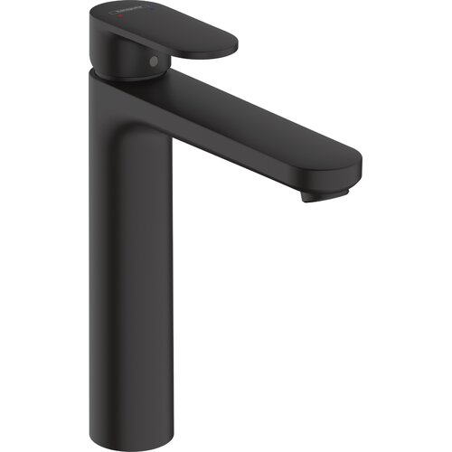 Czarna matowa bateria umywalkowa o nowoczesnym designie z prostokątną wylewką i jednouchwytowym mieszaczem. Na górnej części uchwytu widoczne jest logo "hansgrohe".