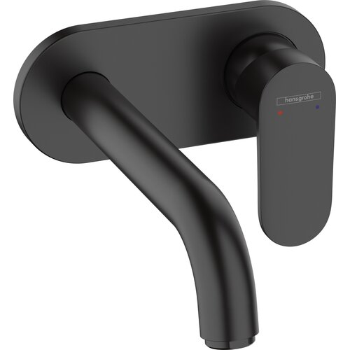 Czarna matowa bateria umywalkowa podtynkowa z prostokątną płytką montażową i zakrzywioną wylewką. Na uchwycie widoczne jest logo "hansgrohe" oraz oznaczenia ciepłej i zimnej wody.