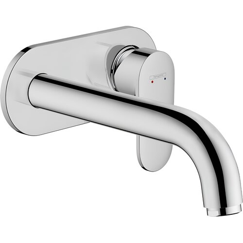 Chromowana bateria umywalkowa podtynkowa o nowoczesnym designie, z widocznym logo "hansgrohe" oraz oznaczeniami temperatury wody: niebieską i czerwoną kropką. Produkt ma gładką, lśniącą powierzchnię i zaokrąglone krawędzie.