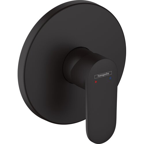 Czarna matowa bateria prysznicowa z okrągłą tarczą i prostokątną dźwignią, na której widnieje logo "hansgrohe" oraz oznaczenia temperatury w postaci czerwonej i niebieskiej kropki. Produkt ma nowoczesny design i jednolitą kolorystykę.