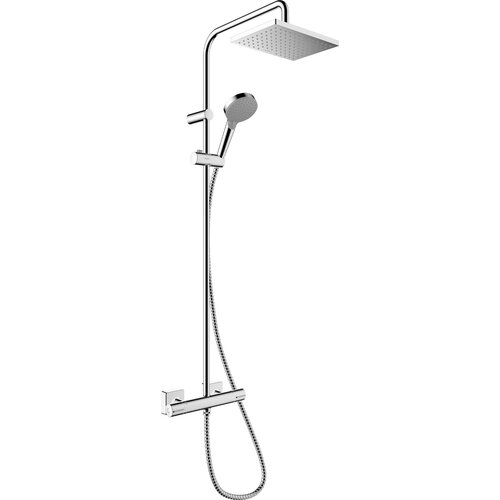 Zestaw prysznicowy natynkowy w kolorze chromu z deszczownicą i słuchawką prysznicową na elastycznym wężu. Produkt ma nowoczesny design z prostokątną deszczownicą i uchwytem na słuchawkę.